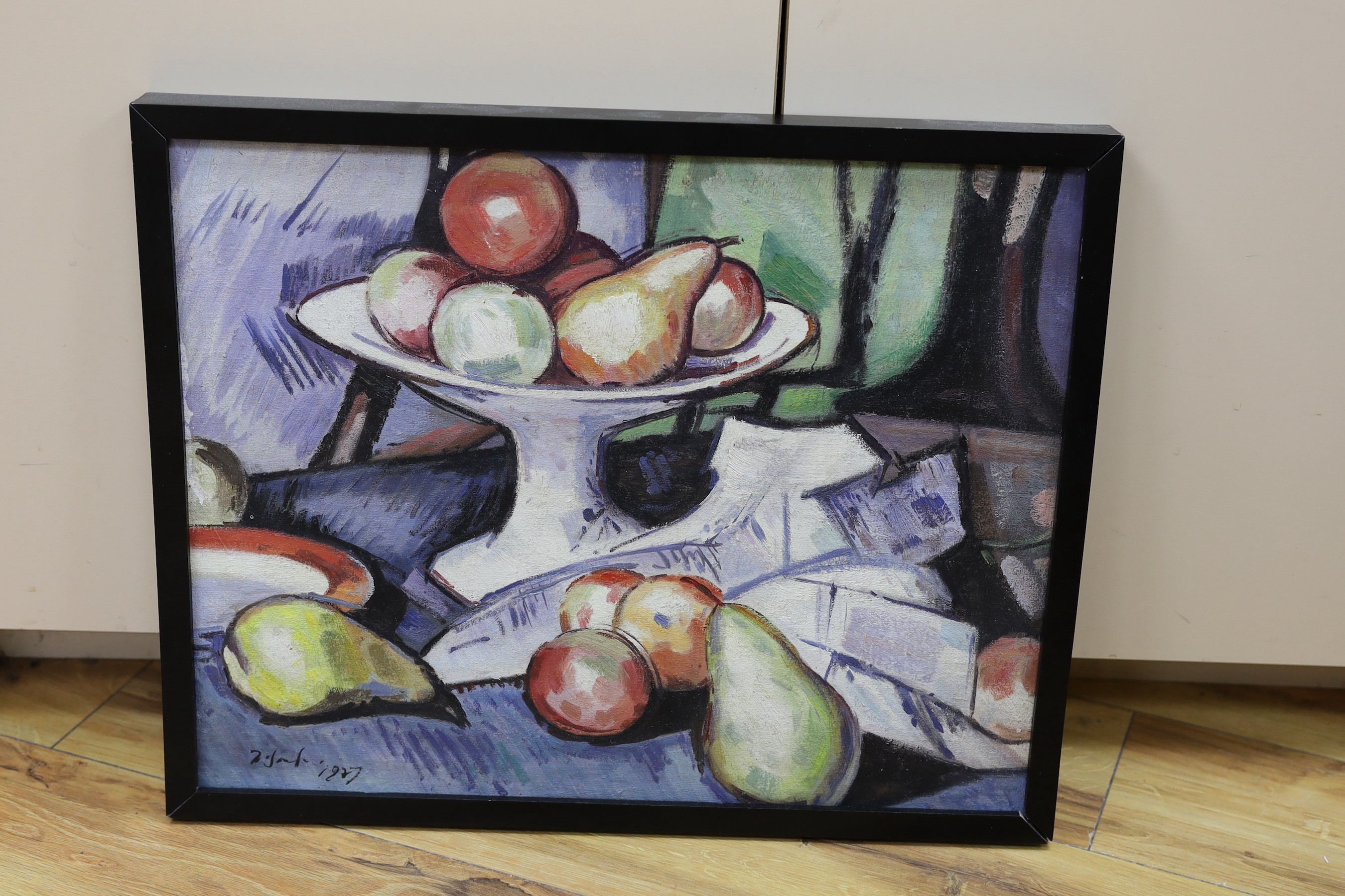 Scottish Colourist, a modern oil on canvas board, bearing indistinct signature and date 1927, still life of fruit, 39 x 49cm